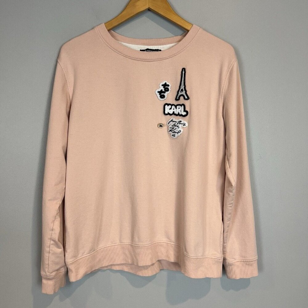 Karl Lagerfeld Pink Sweatshirt Paris Patches Size Medium Crew Neck